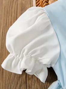 SHEIN 小女童泡泡袖方領前蝴蝶結網紗拼接連衣裙 - 藍白色 - 查看 3