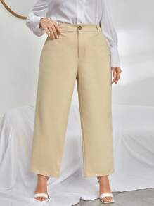 大碼高腰斜口袋長褲 - 卡其色 - 查看 1