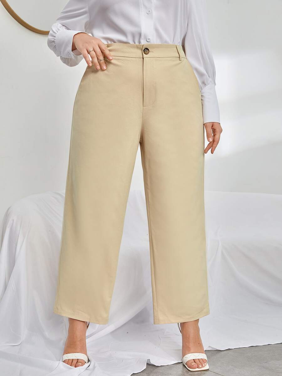 大碼高腰斜口袋長褲 - 卡其色 - 查看 1