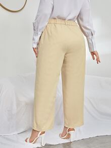 大碼高腰斜口袋長褲 - 卡其色 - 查看 2