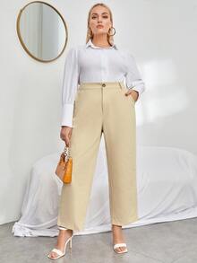 大碼高腰斜口袋長褲 - 卡其色 - 查看 3
