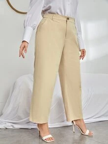 大碼高腰斜口袋長褲 - 卡其色 - 查看 4