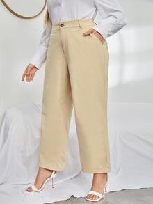 大碼高腰斜口袋長褲 - 卡其色 - 查看 5