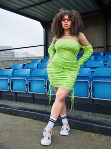 SHEIN ICON Plus Off Shoulder Drawstring Ruched Bodycon Dress - Lime Green - View 1