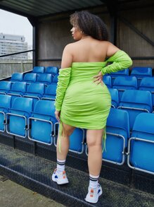 SHEIN ICON Plus Off Shoulder Drawstring Ruched Bodycon Dress - Lime Green - View 2