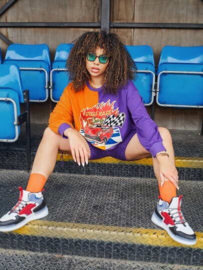Plus Car & Fire Print Spliced Sweatshirt