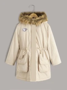 SHEIN 女孩卡通貼布腰部抽繩毛茸茸邊連帽派克大衣