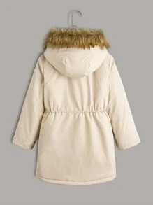 SHEIN 女孩卡通貼布腰部抽繩毛茸茸邊連帽派克大衣