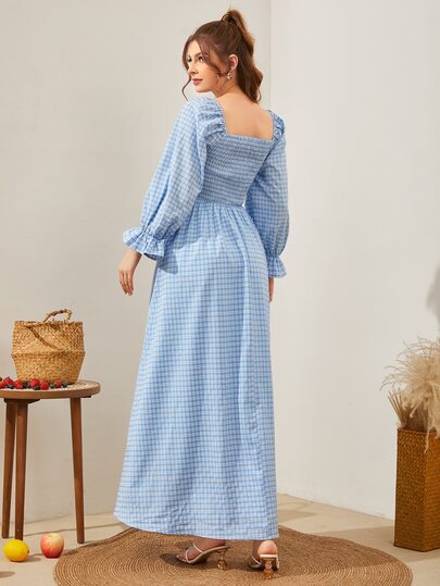 格子縞プリント シール フラウンススリーブ マキシドレス