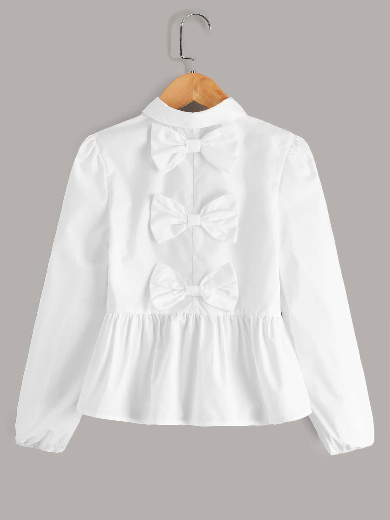 SHEIN Áo cánh Gái Nơ Bướm Viên lá sen Nơ trước màu trơn Dễ thương - trắng - Xem 1