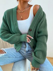 Modelyn Solid Button Front Cardigan,Long Sleeve Tops Fall Winter Cloth For Women - Dark Green - View 3