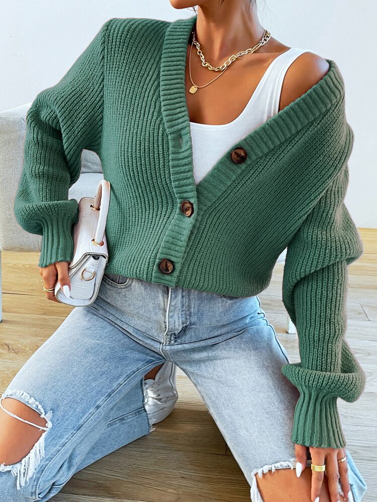 Modelyn Solid Button Front Cardigan,Long Sleeve Tops Fall Winter Cloth For Women - Dark Green - View 4