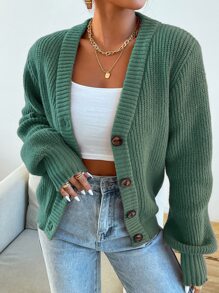 Modelyn Solid Button Front Cardigan,Long Sleeve Tops Fall Winter Cloth For Women - Dark Green - View 6