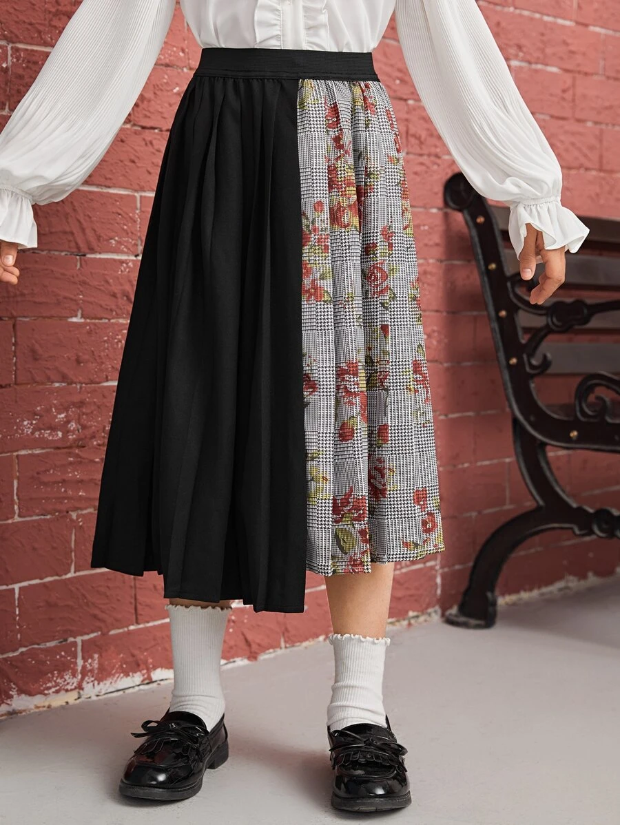 SHEIN 女孩花卉圖案和格紋印花百褶不對稱下擺半身裙