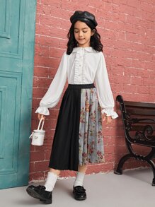 SHEIN 女孩花卉圖案和格紋印花百褶不對稱下擺半身裙