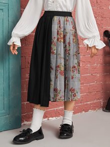 SHEIN 女孩花卉圖案和格紋印花百褶不對稱下擺半身裙