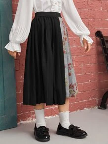 SHEIN 女孩花卉圖案和格紋印花百褶不對稱下擺半身裙