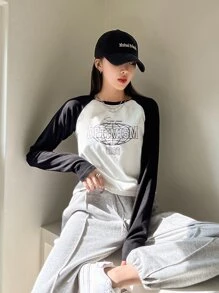 DAZY Camiseta Con Estampado De Letra Y Manga Raglán En Contraste - Blanco y Negro - Ver 1