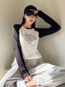 DAZY Camiseta Con Estampado De Letra Y Manga Raglán En Contraste - Blanco y Negro - Ver 5