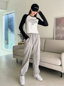 DAZY Camiseta Con Estampado De Letra Y Manga Raglán En Contraste - Blanco y Negro - Ver 6