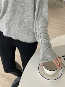 DAZY 落肩短版長袖上衣，秋季女款上衣 - 灰色 - 查看 5