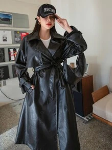 DAZY 插肩袖雙排釦腰帶PU皮革風衣外套
