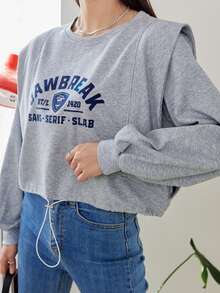 DAZY Sudadera corta con estampado de letra con cordón - Gris - Ver 3