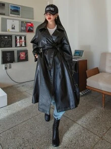 DAZY 插肩袖雙排釦腰帶PU皮革風衣外套