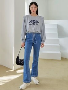 DAZY Sudadera corta con estampado de letra con cordón - Gris - Ver 4