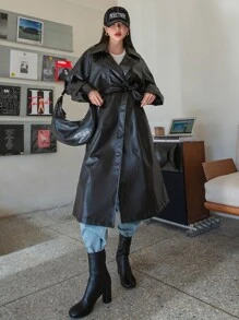 DAZY 插肩袖雙排釦腰帶PU皮革風衣外套