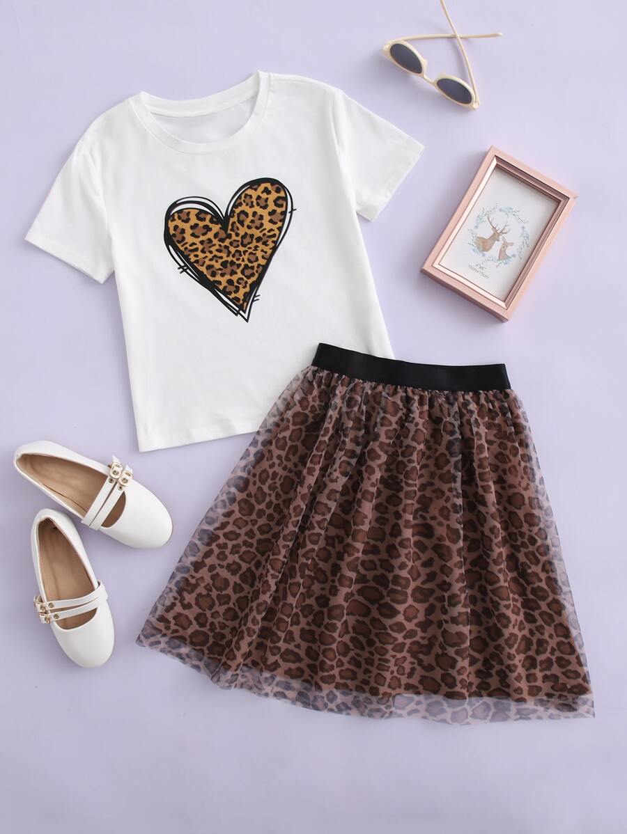 SHEIN 女孩心和豹紋圖案T恤和網紗拼接裙子套裝 - 彩色 - 查看 1