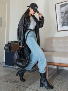 DAZY 插肩袖雙排釦腰帶PU皮革風衣外套