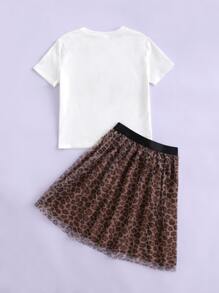 SHEIN 女孩心和豹紋圖案T恤和網紗拼接裙子套裝 - 彩色 - 查看 2