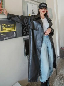 DAZY 插肩袖雙排釦腰帶PU皮革風衣外套