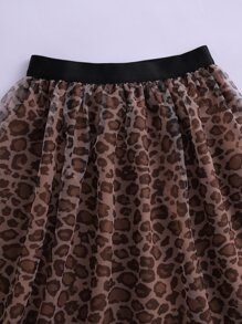 SHEIN 女孩心和豹紋圖案T恤和網紗拼接裙子套裝 - 彩色 - 查看 4