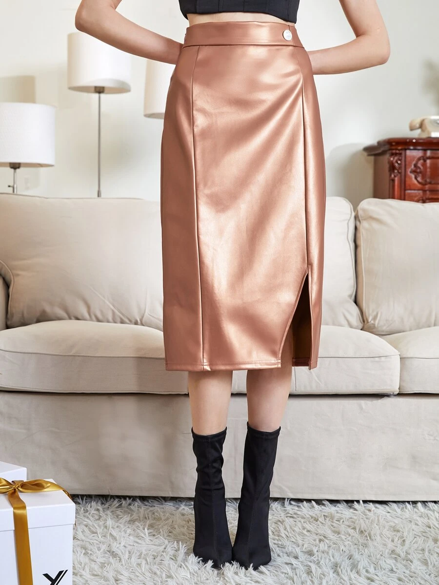 KALINOWSKA Falda con botón con diseño bajo con abertura PU - Champán - Ver 1