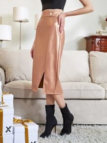 KALINOWSKA Falda con botón con diseño bajo con abertura PU - Champán - Ver 5