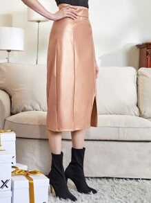 KALINOWSKA Falda con botón con diseño bajo con abertura PU - Champán - Ver 6