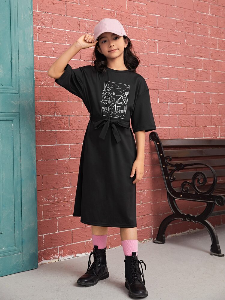 SHEIN Đầm Gái Thắt lưng Thực vật Giải trí - màu đen - Xem 1