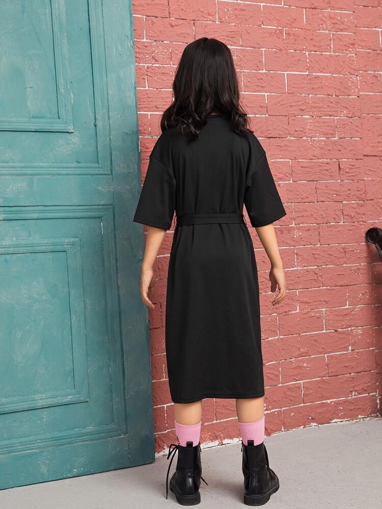 SHEIN Đầm Gái Thắt lưng Thực vật Giải trí - màu đen - Xem 2