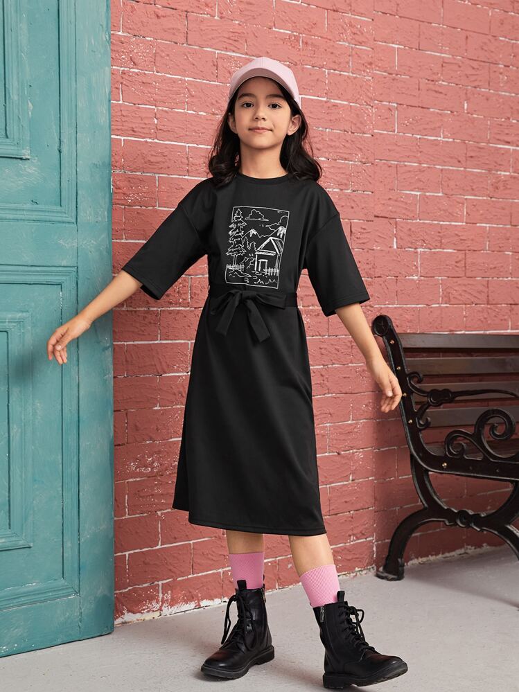 SHEIN Đầm Gái Thắt lưng Thực vật Giải trí - màu đen - Xem 3