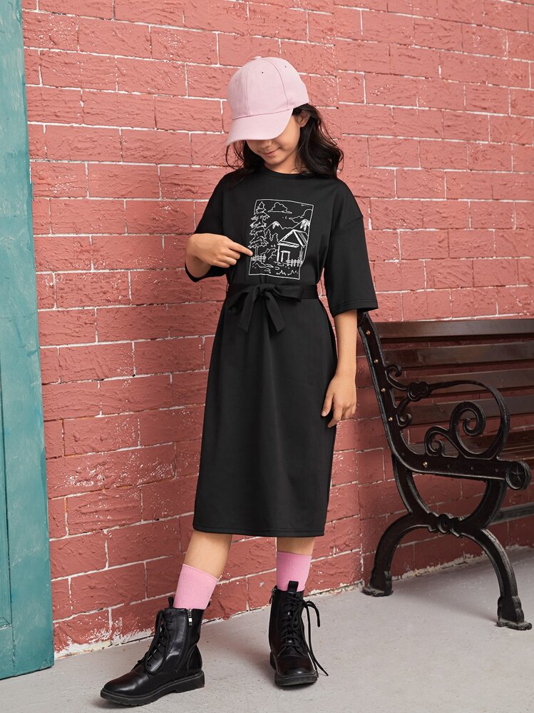 SHEIN Đầm Gái Thắt lưng Thực vật Giải trí - màu đen - Xem 4