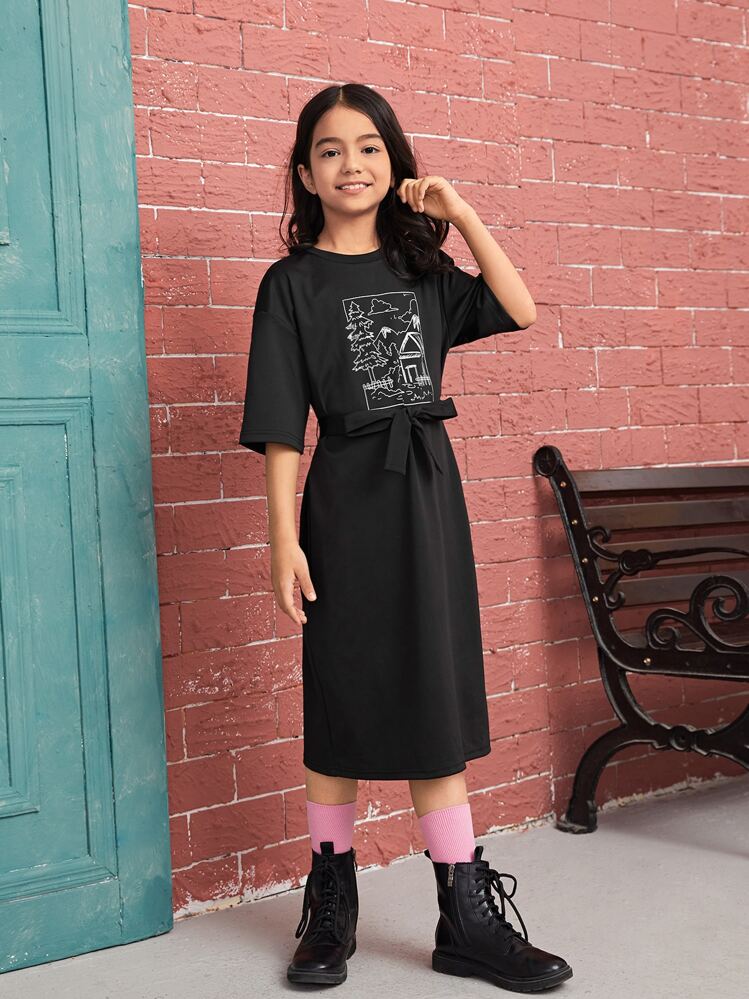 SHEIN Đầm Gái Thắt lưng Thực vật Giải trí - màu đen - Xem 5