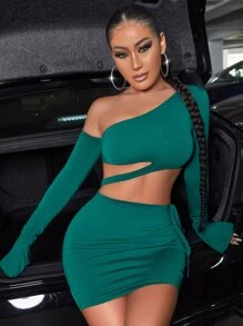 SHEIN SXY Asymmetrical Neck Flounce Sleeve Crop Top & Bodycon Skirt - Green - View 1