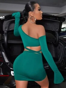 SHEIN SXY Asymmetrical Neck Flounce Sleeve Crop Top & Bodycon Skirt - Green - View 2