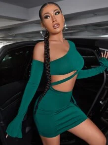 SHEIN SXY Asymmetrical Neck Flounce Sleeve Crop Top & Bodycon Skirt - Green - View 3