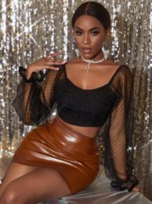 SHEIN SXY Off Shoulder Contrast Mesh Swiss Dot Blouse - Black - View 1