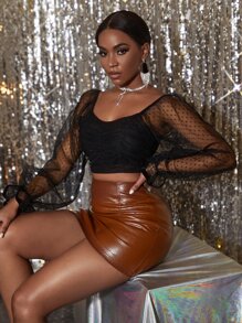 SHEIN SXY Off Shoulder Contrast Mesh Swiss Dot Blouse - Black - View 5