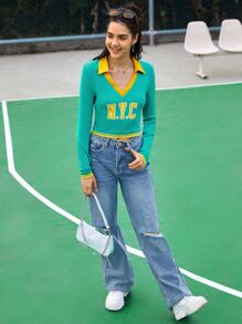 SHEIN EZwear 字母圖案羅紋針織T恤 - 綠色 - 查看 3