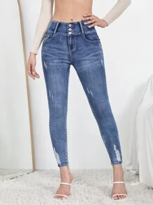 SHEIN Essnce 紐扣細節破洞緊身牛仔褲 - 中等水洗藍 - 查看 3